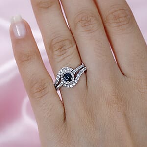 Monte Belo Indicolite and White Zircon Bypass Halo Ring in Platinum Over Sterling Silver (Size 6.0) 1.15 ctw