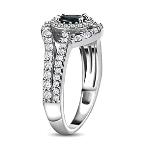 Monte Belo Indicolite and White Zircon Bypass Halo Ring in Platinum Over Sterling Silver (Size 6.0) 1.15 ctw