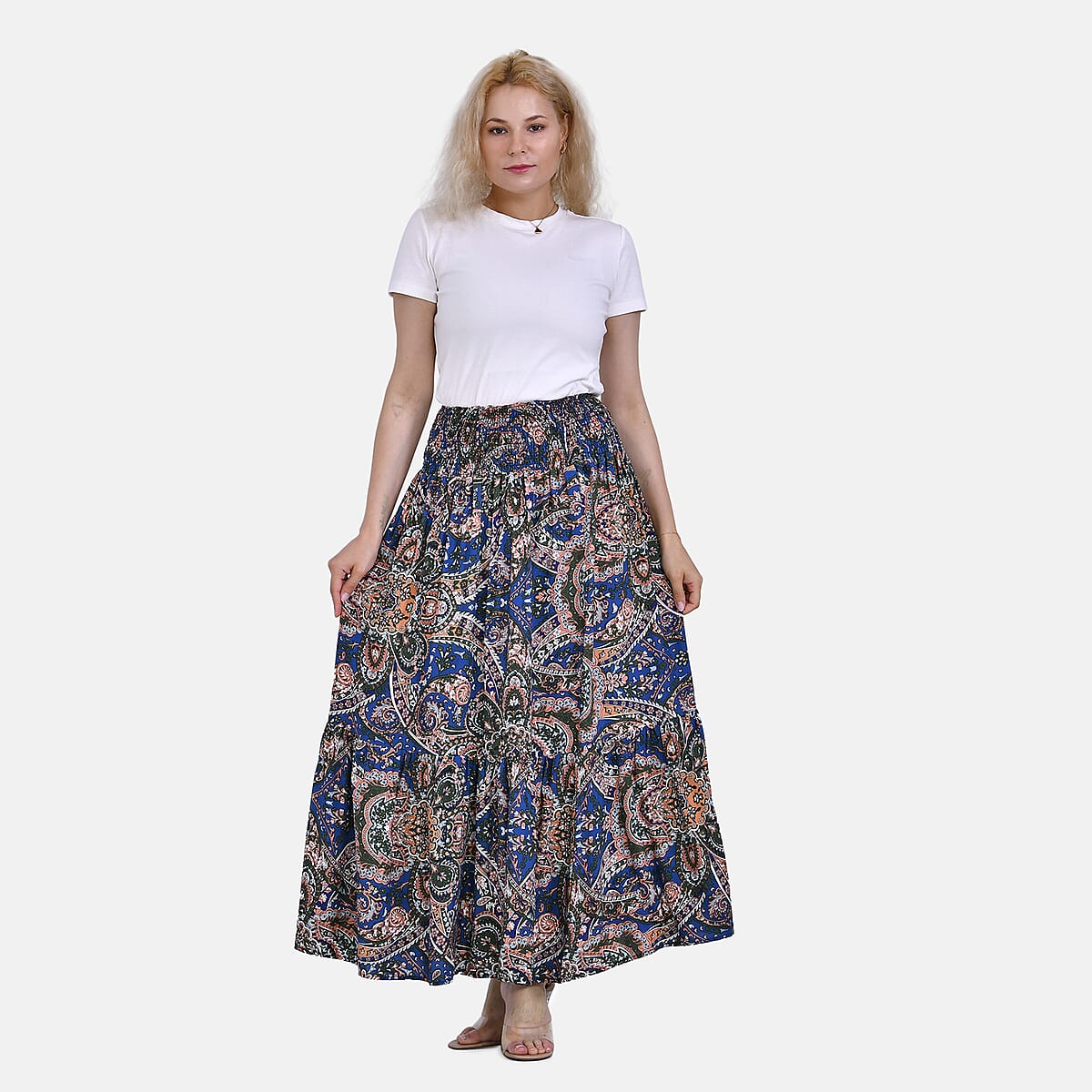 Tamsy Blue Bandana Elastic Waist Maxi Skirt - One Size Fits Most image number 3