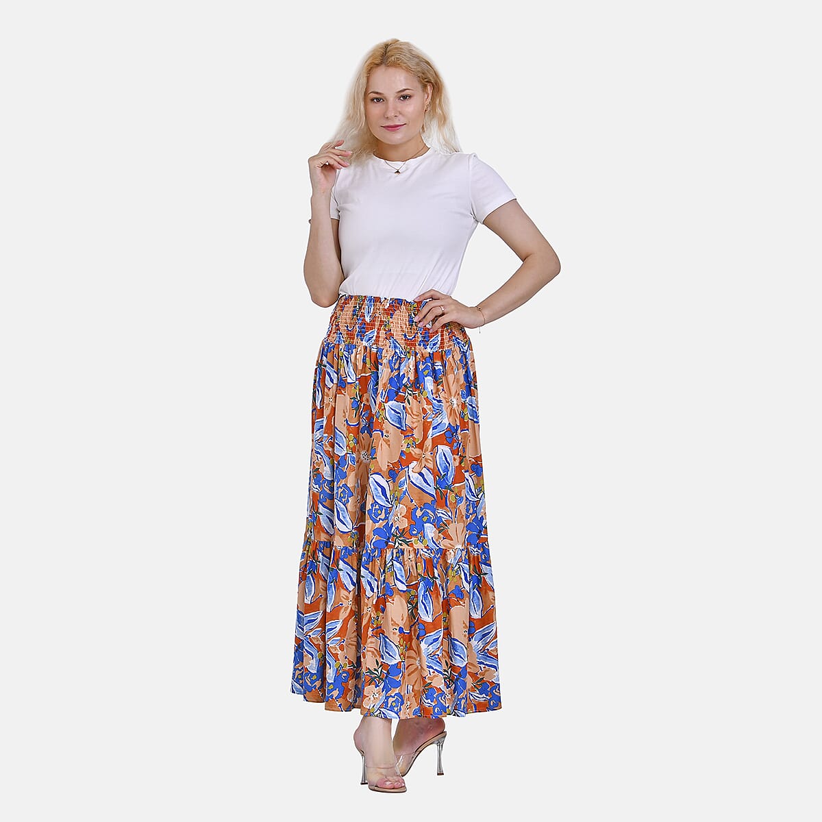 Tamsy Multi Color Floral Elastic Waist Maxi Skirt - One Size Fits Most image number 3