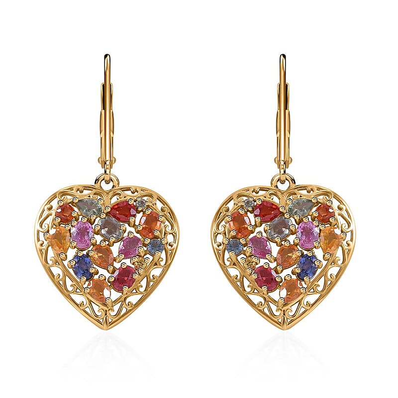 Rainbow Sapphire, Blue and Pink Sapphire Heart Earrings in Vermeil Yellow Gold Over Sterling Silver 5.10 ctw