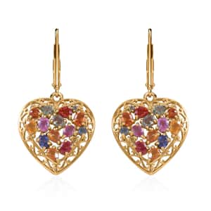 Mother’s Day Gift Rainbow Sapphire, Blue and Pink Sapphire Heart Earrings in Vermeil Yellow Gold Over Sterling Silver 5.10 ctw