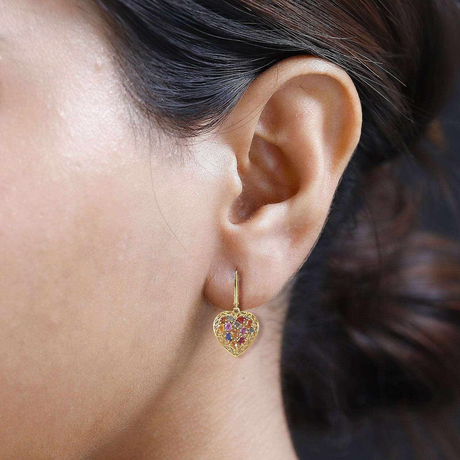 Rainbow Sapphire, Blue and Pink Sapphire Heart Earrings in Vermeil Yellow Gold Over Sterling Silver 5.10 ctw