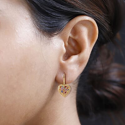 Rainbow Sapphire, Blue and Pink Sapphire Heart Earrings in Vermeil Yellow Gold Over Sterling Silver 5.10 ctw