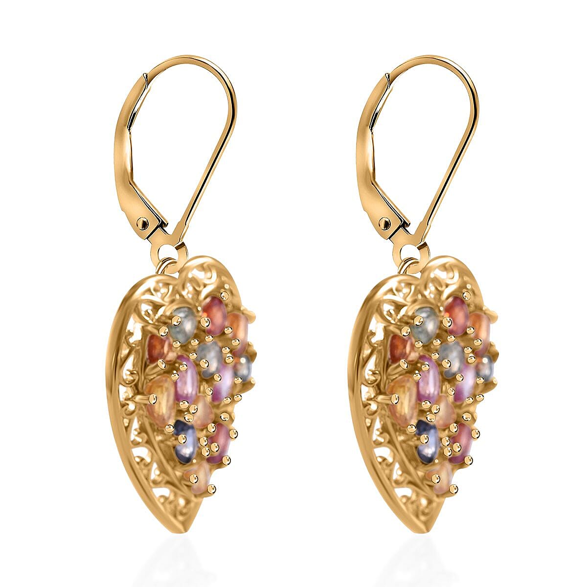Rainbow Sapphire, Blue and Pink Sapphire Heart Earrings in Vermeil Yellow Gold Over Sterling Silver 5.10 ctw