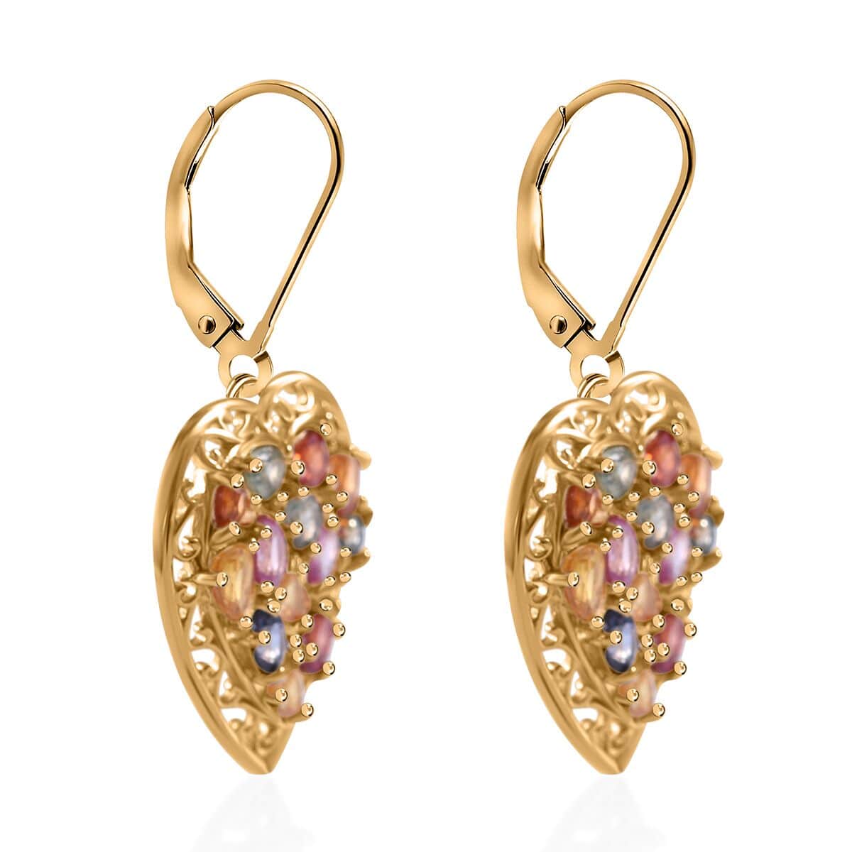 Rainbow Sapphire, Blue and Pink Sapphire Heart Earrings in Vermeil Yellow Gold Over Sterling Silver 5.10 ctw image number 2