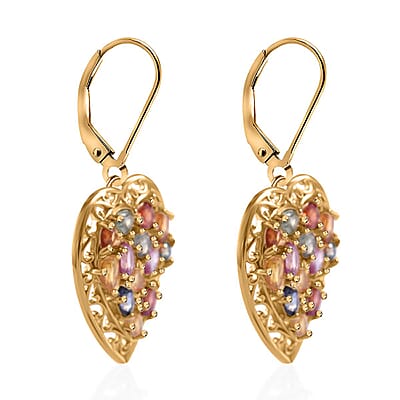 Rainbow Sapphire, Blue and Pink Sapphire Heart Earrings in Vermeil Yellow Gold Over Sterling Silver 5.10 ctw