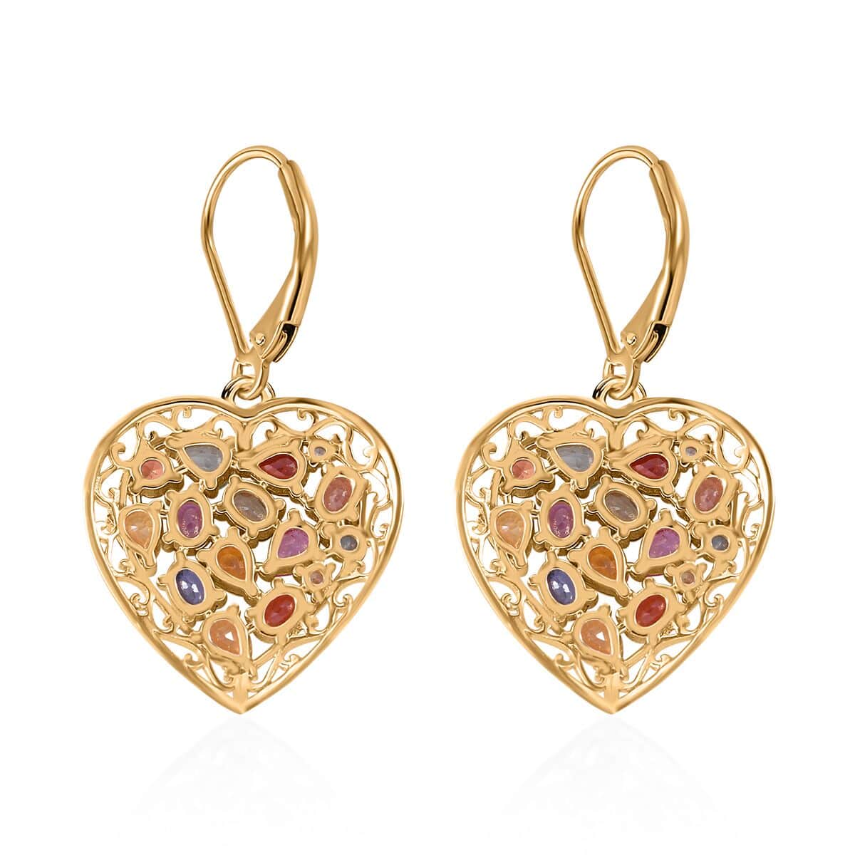 Rainbow Sapphire, Blue and Pink Sapphire Heart Earrings in Vermeil Yellow Gold Over Sterling Silver 5.10 ctw image number 3