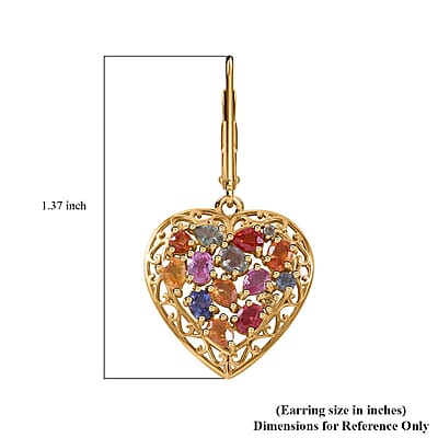 Rainbow Sapphire, Blue and Pink Sapphire Heart Earrings in Vermeil Yellow Gold Over Sterling Silver 5.10 ctw