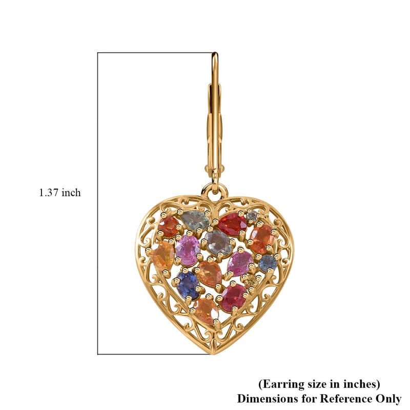 Rainbow Sapphire, Blue and Pink Sapphire Heart Earrings in Vermeil Yellow Gold Over Sterling Silver 5.10 ctw