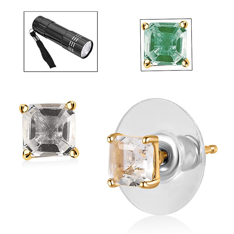 Asscher Cut Mexican Hyalite Opal 1.00 ctw Solitaire Stud Earrings in Vermeil Yellow Gold Over Sterling Silver with Free UV Flash Light