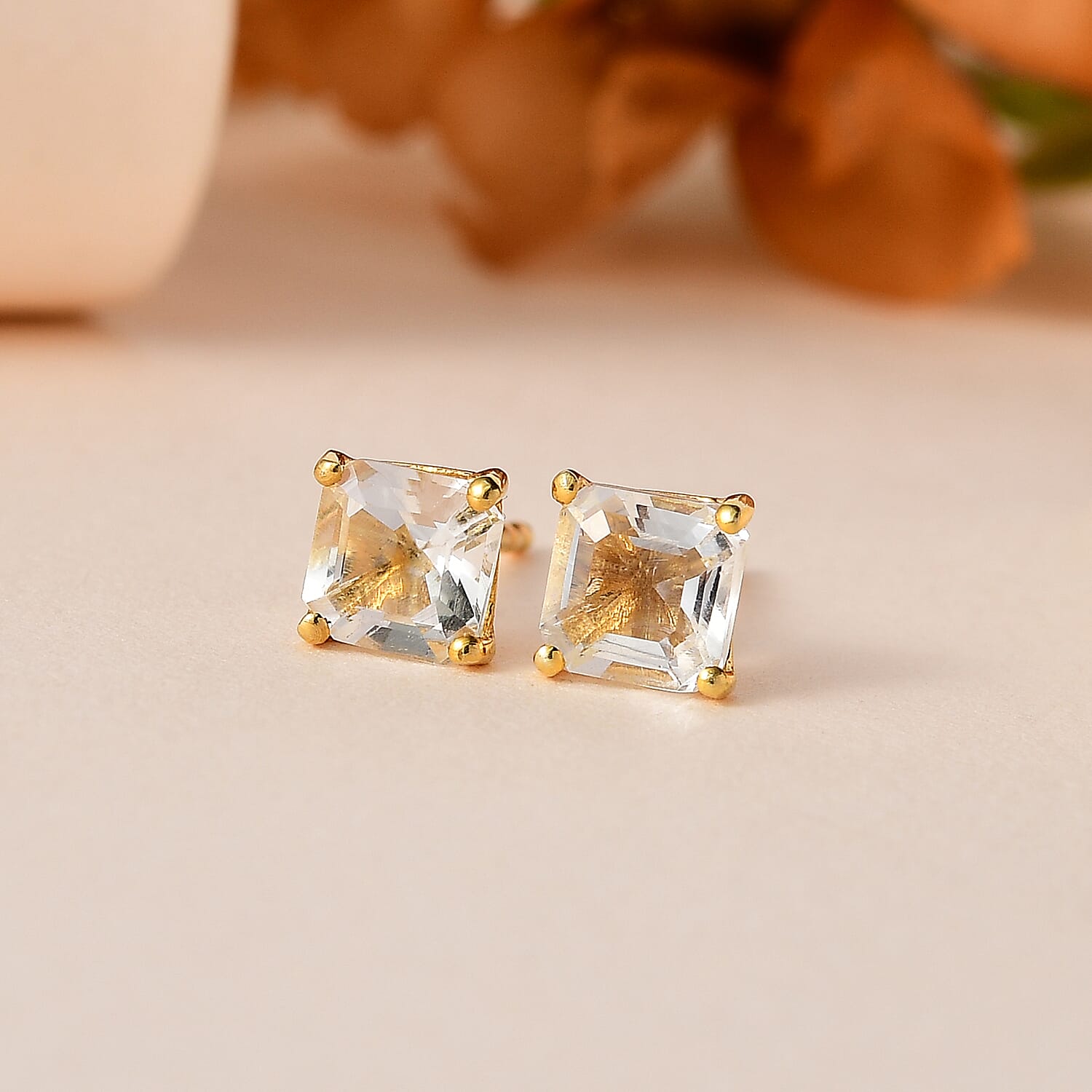 Asscher Cut Mexican Hyalite Opal 1.00 ctw Solitaire Stud Earrings in Vermeil Yellow Gold Over Sterling Silver with Free UV Flash Light