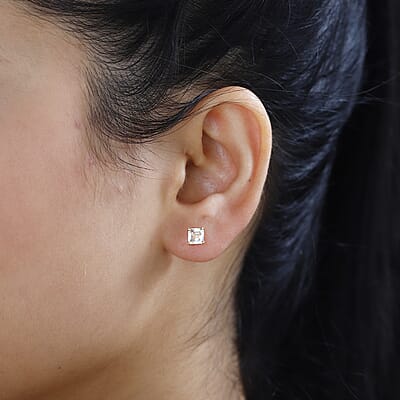 Asscher Cut Mexican Hyalite Opal 1.00 ctw Solitaire Stud Earrings in Vermeil Yellow Gold Over Sterling Silver with Free UV Flash Light