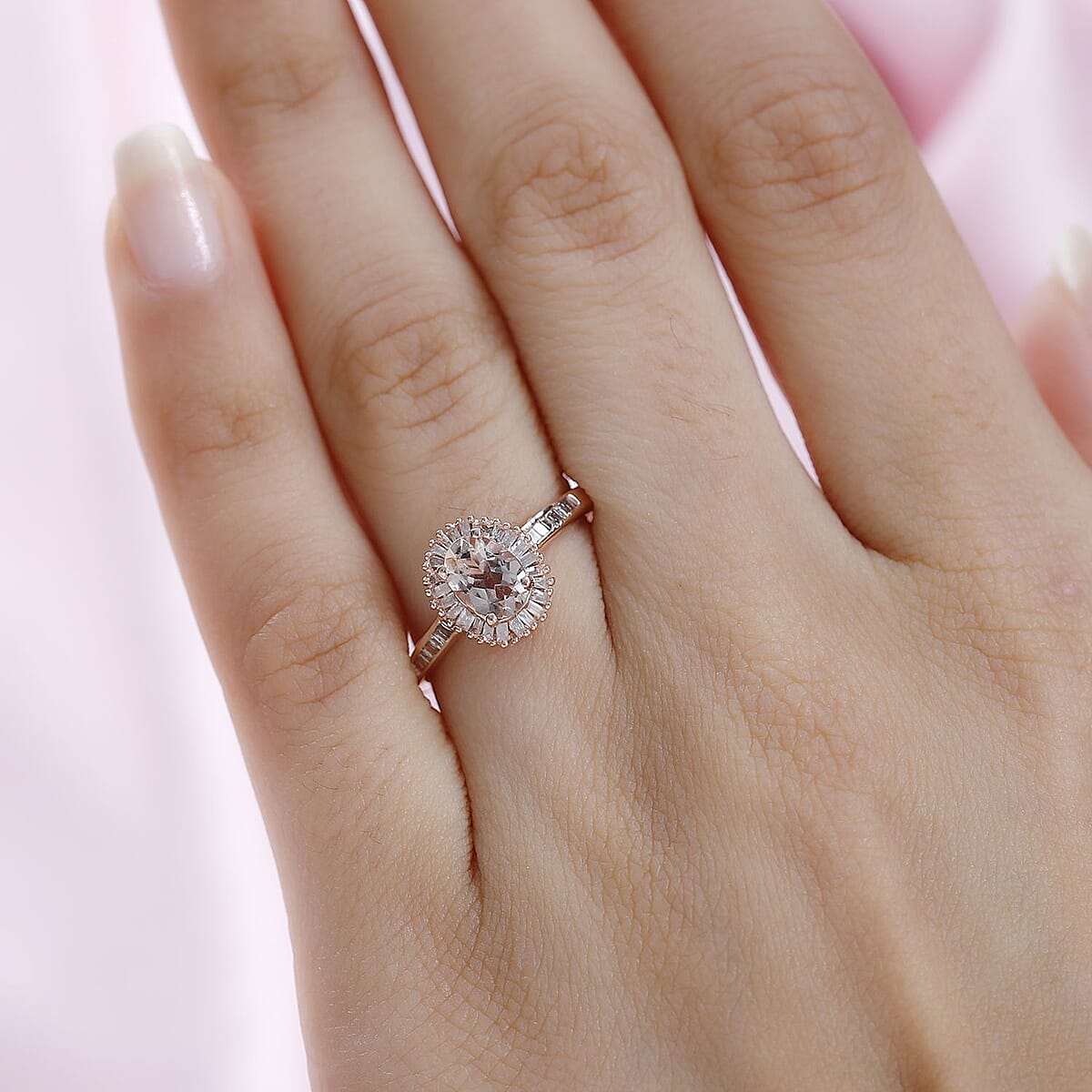 Premium Marropino Morganite, Natural Champagne and White Diamond Ring in Vermeil Rose Gold Over Sterling Silver (Size 6.0) 1.10 ctw image number 2