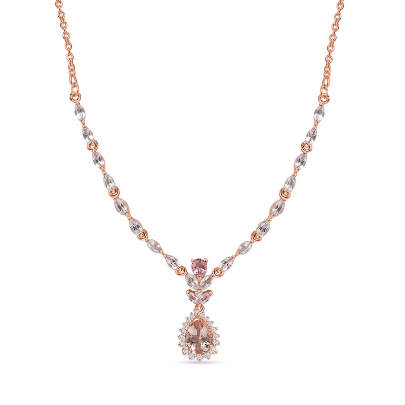 Premium Marropino Morganite and Multi Gemstone Drop Necklace 18-20 Inches in Vermeil Rose Gold Over Sterling Silver 3.00 ctw