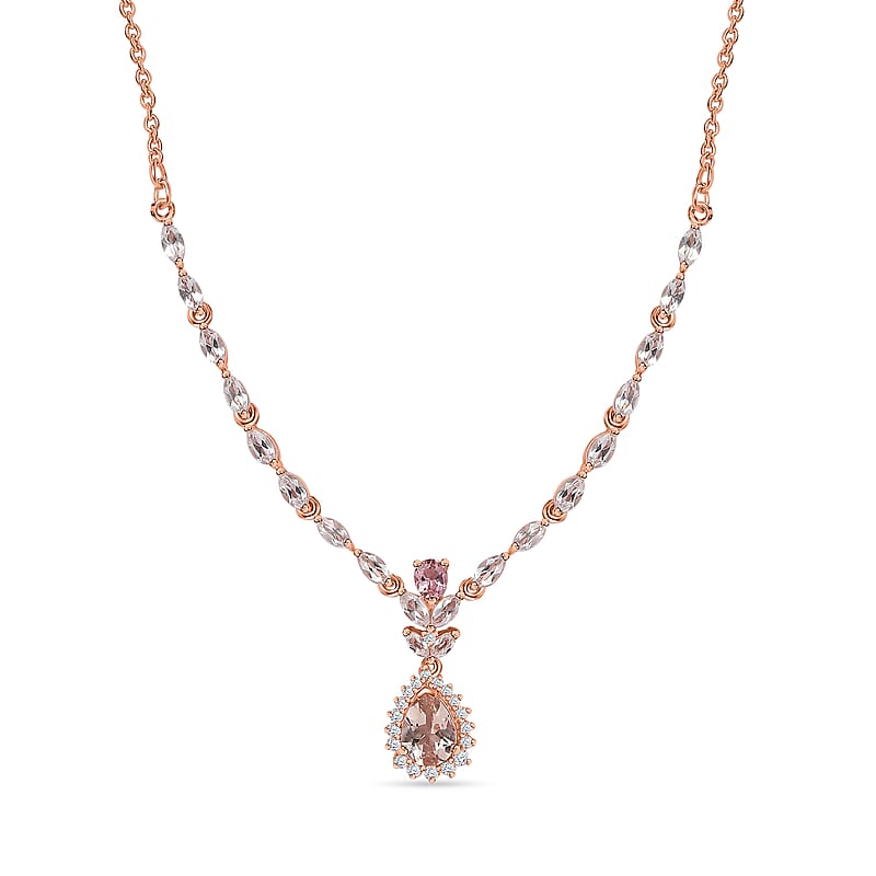 Premium Marropino Morganite and Multi Gemstone Drop Necklace 18-20 Inches in Vermeil Rose Gold Over Sterling Silver 3.00 ctw