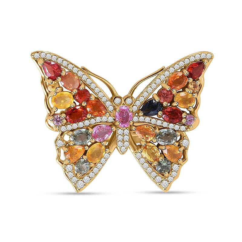 Rainbow Sapphire and Multi Gemstone Butterfly Ring in Vermeil Yellow Gold Over Sterling Silver (Size 6.0) 5.50 ctw