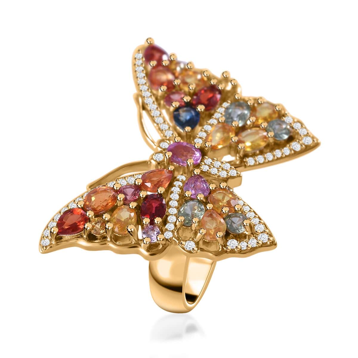 Rainbow Sapphire and Multi Gemstone Butterfly Ring in Vermeil Yellow Gold Over Sterling Silver (Size 6.0) 5.50 ctw image number 2
