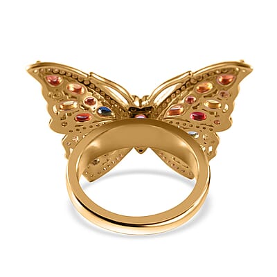 Rainbow Sapphire and Multi Gemstone Butterfly Ring in Vermeil Yellow Gold Over Sterling Silver (Size 6.0) 5.50 ctw