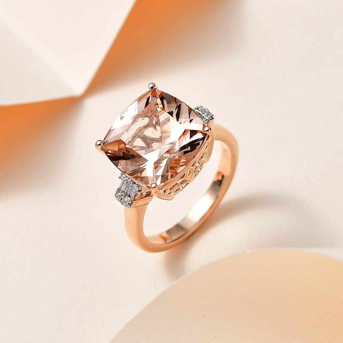 Luxoro 10K Rose Gold Premium Marropino Morganite and G-H I2 Diamond Ring (Size 7.0) 4.85 Grams 8.10 ctw image number 1