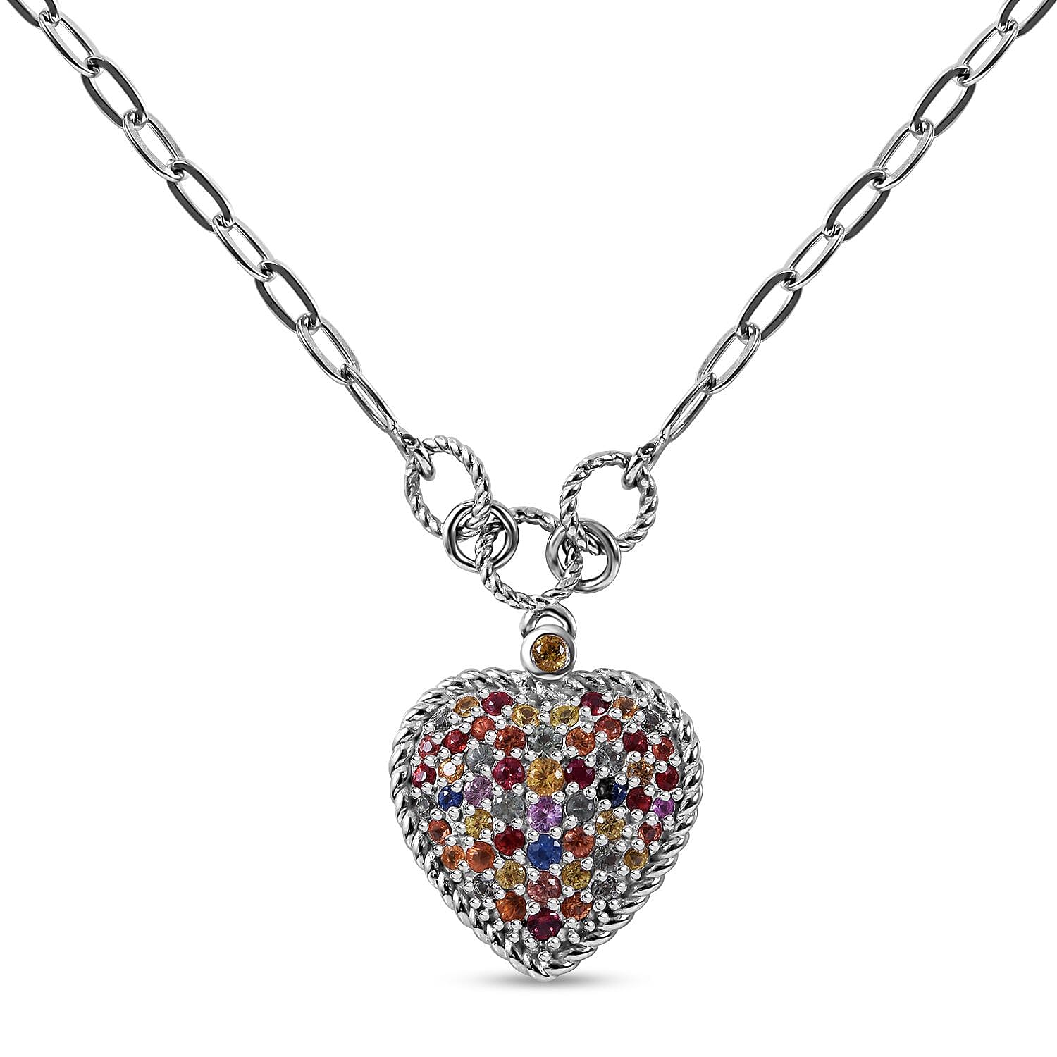 Rainbow Sapphire Heart Necklace 18 Inches in Platinum Over Sterling Silver 2.20 ctw