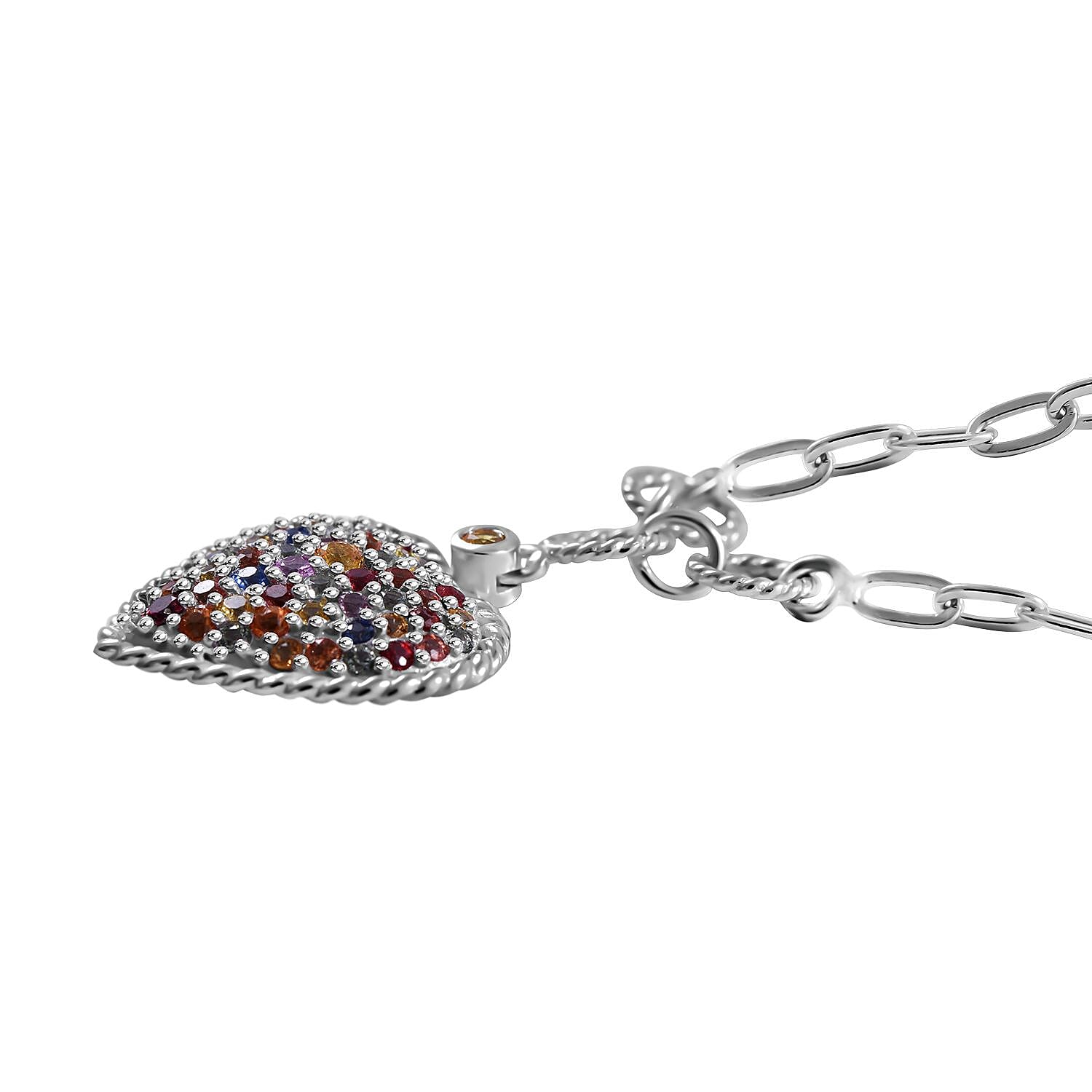 Rainbow Sapphire Heart Necklace 18 Inches in Platinum Over Sterling Silver 2.20 ctw