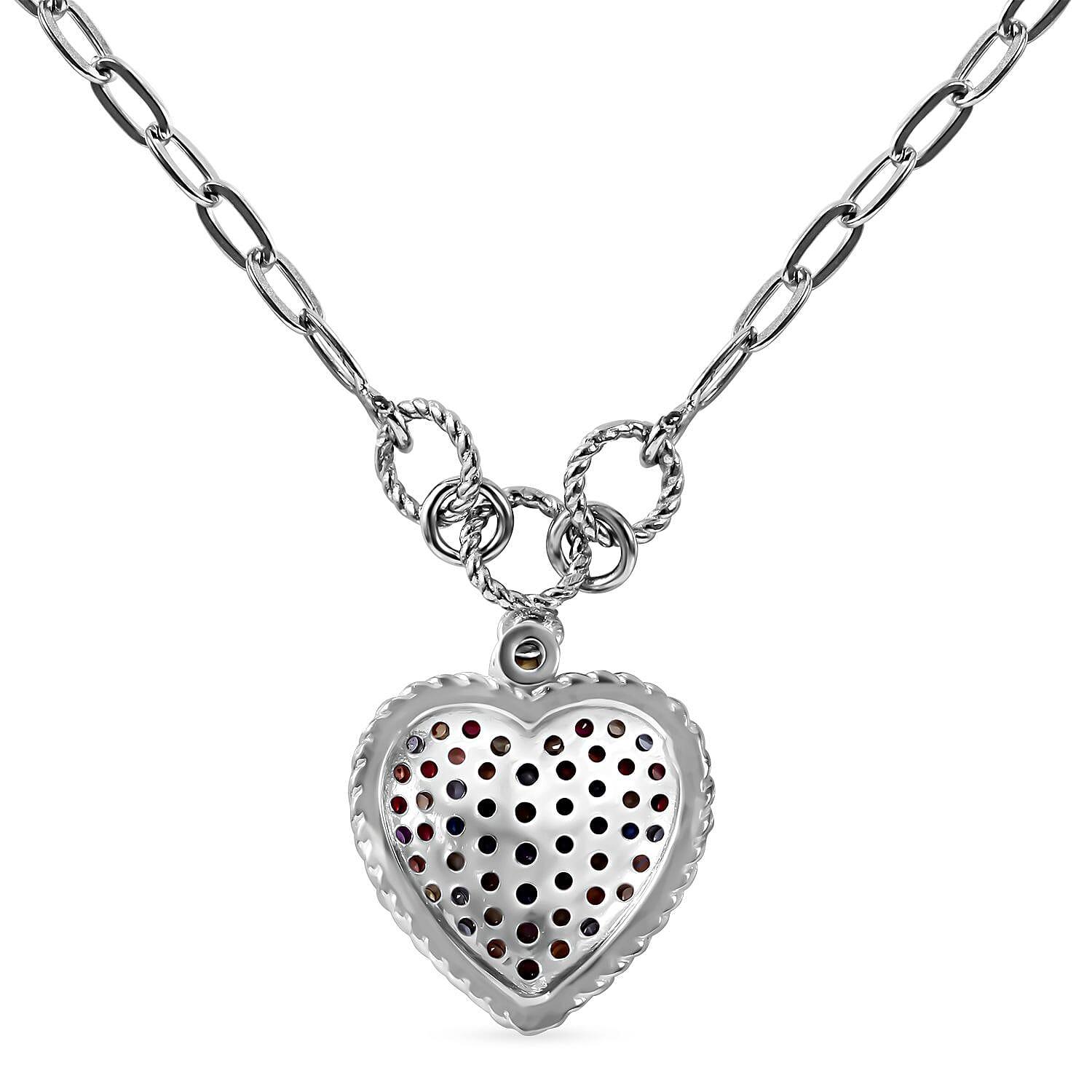 Rainbow Sapphire Heart Necklace 18 Inches in Platinum Over Sterling Silver 2.20 ctw