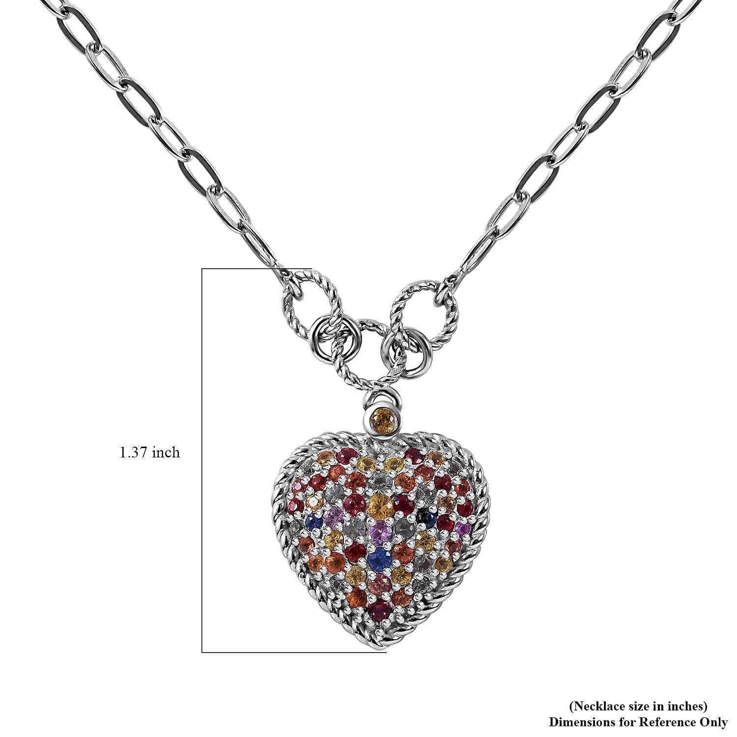Rainbow Sapphire Heart Necklace 18 Inches in Platinum Over Sterling Silver 2.20 ctw