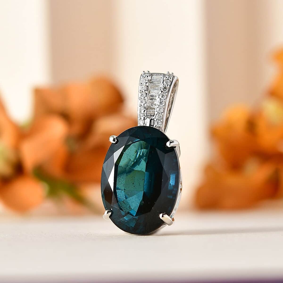 Certified Luxoro 14K White Gold AAA Monte Belo Indicolite and G-H I2 Diamond Pendant 11.50 ctw image number 1