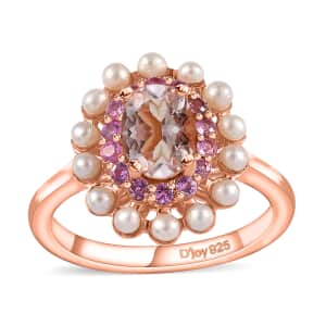 Premium Marropino Morganite and Multi Gemstone Floral Ring in Vermeil Rose Gold Over Sterling Silver (Size 10.0) 1.00 ctw