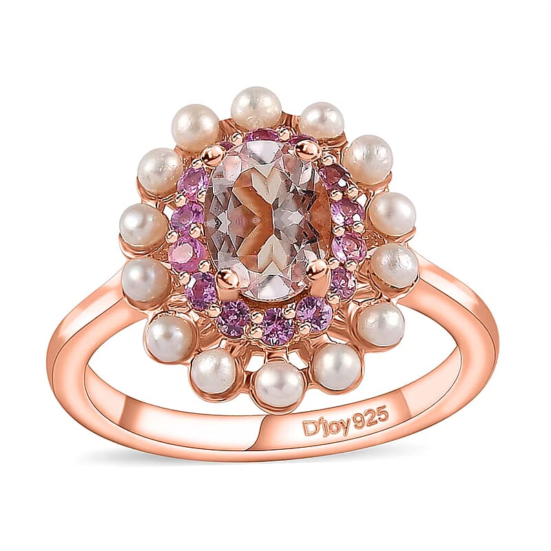 Premium Marropino Morganite and Multi Gemstone 1.00 ctw Floral Ring in Vermeil Rose Gold Over Sterling Silver (Size 10.0)