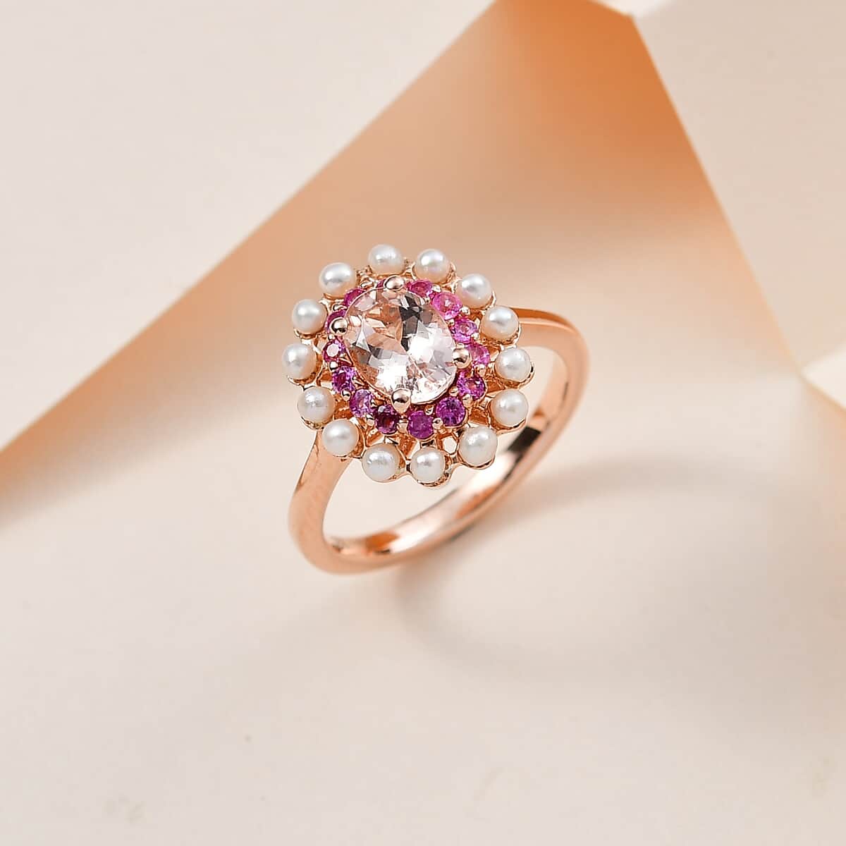 Premium Marropino Morganite and Multi Gemstone 1.00 ctw Floral Ring in Vermeil Rose Gold Over Sterling Silver (Size 10.0) image number 1