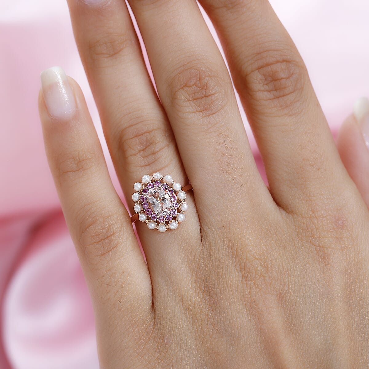D'Joy Premium Marropino Morganite and Multi Gemstone 1.00 ctw Floral Ring in Vermeil Rose Gold Over Sterling Silver (Size 7.0) image number 2