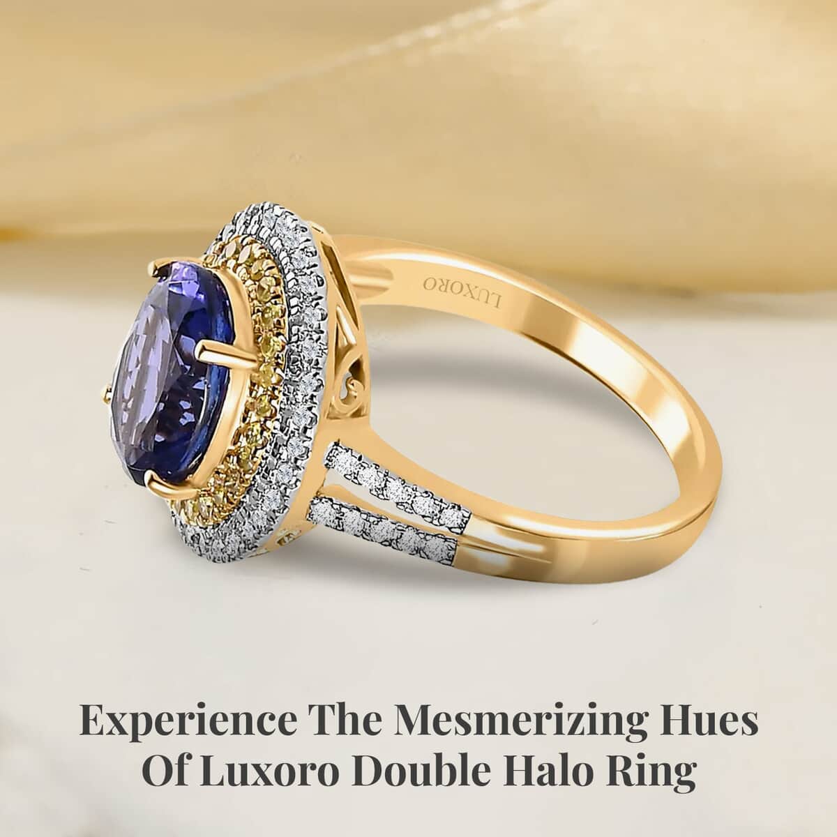 Luxoro 14K Yellow Gold AAA Tanzanite, I2-I3 Natural Yellow and White Diamond Double Halo Ring (Size 12.0) 2.75 ctw image number 2