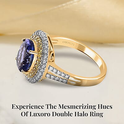 Luxoro 14K Yellow Gold AAA Tanzanite, I2-I3 Natural Yellow and White Diamond Double Halo Ring (Size 12.0) 2.75 ctw