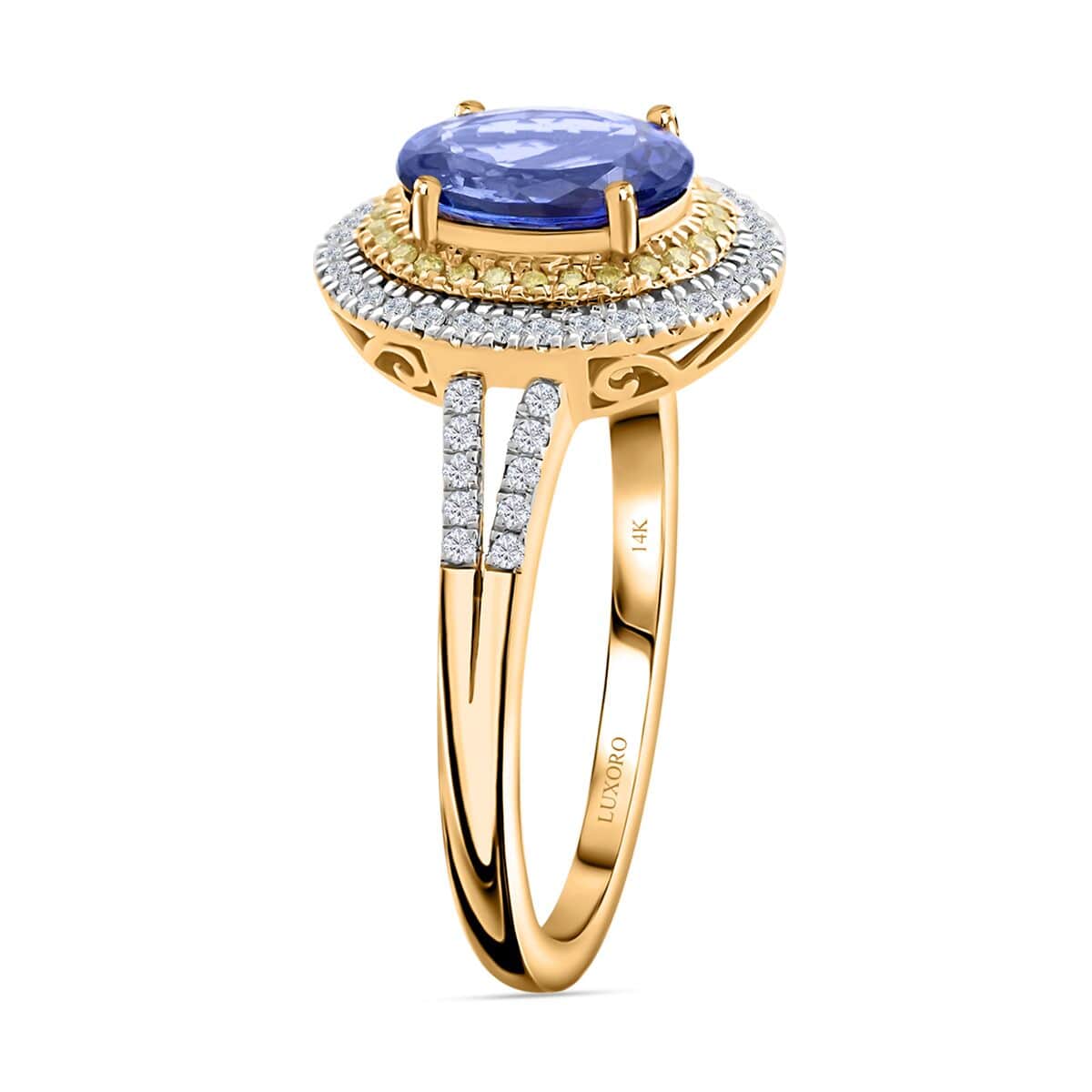 Luxoro 14K Yellow Gold AAA Tanzanite, I2-I3 Natural Yellow and White Diamond Double Halo Ring (Size 12.0) 2.75 ctw image number 3
