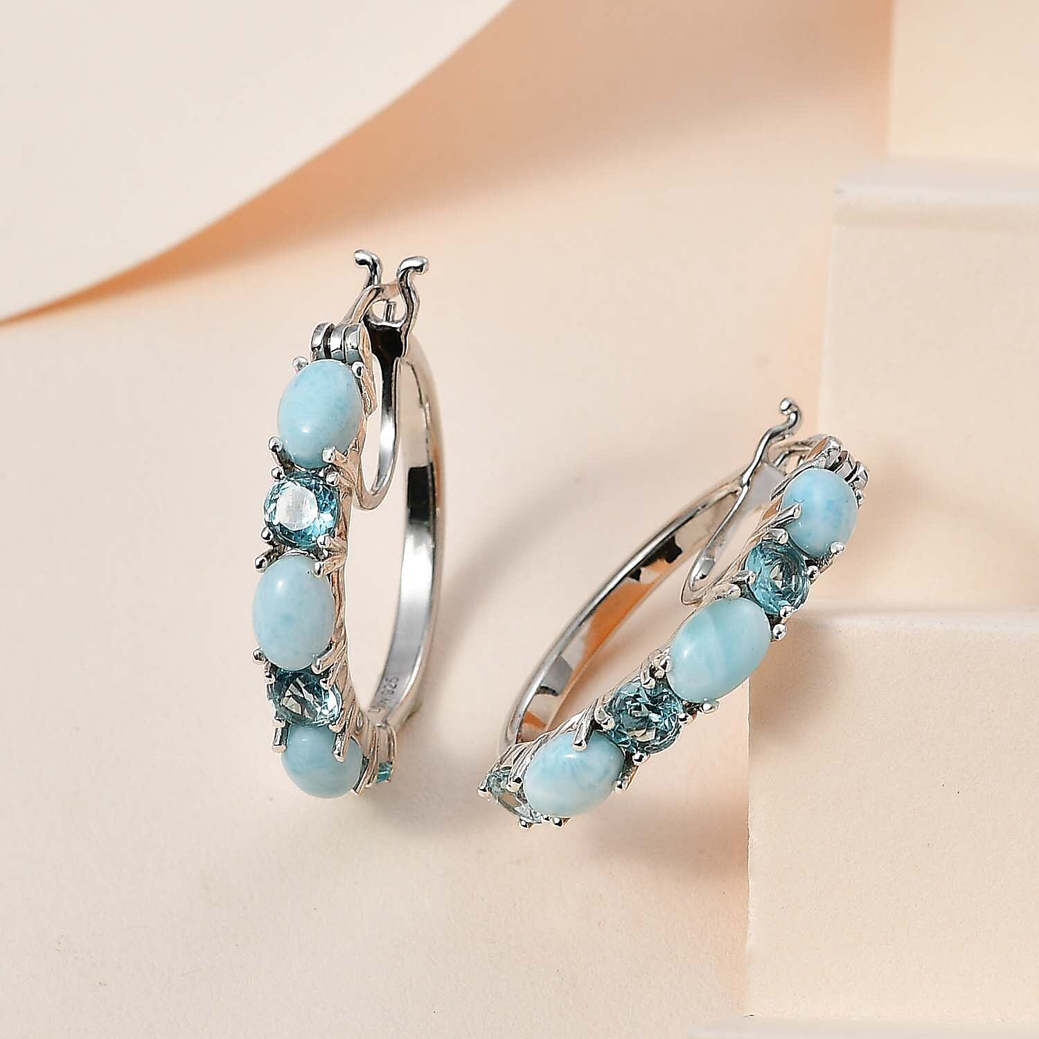 Larimar and Madagascar Paraiba Apatite Hoop Earrings in Platinum Over Sterling Silver 5.00 ctw
