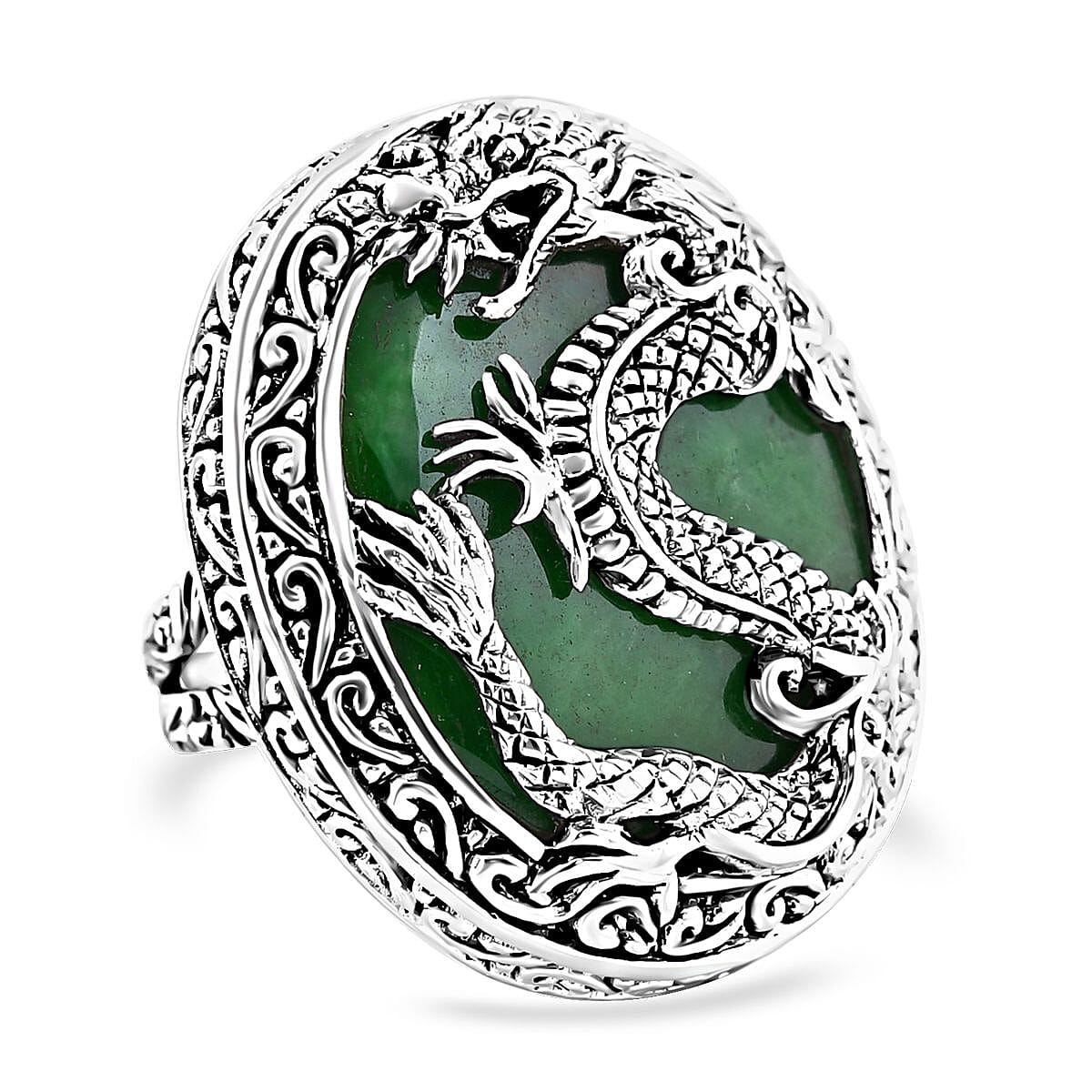 Bali Legacy Green Jade (D) Dragon Ring in Sterling Silver (Size 10.0) 53.35 ctw
