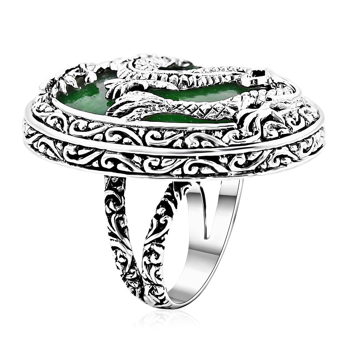 Bali Legacy Green Jade (D) Dragon Ring in Sterling Silver (Size 10.0) 53.35 ctw
