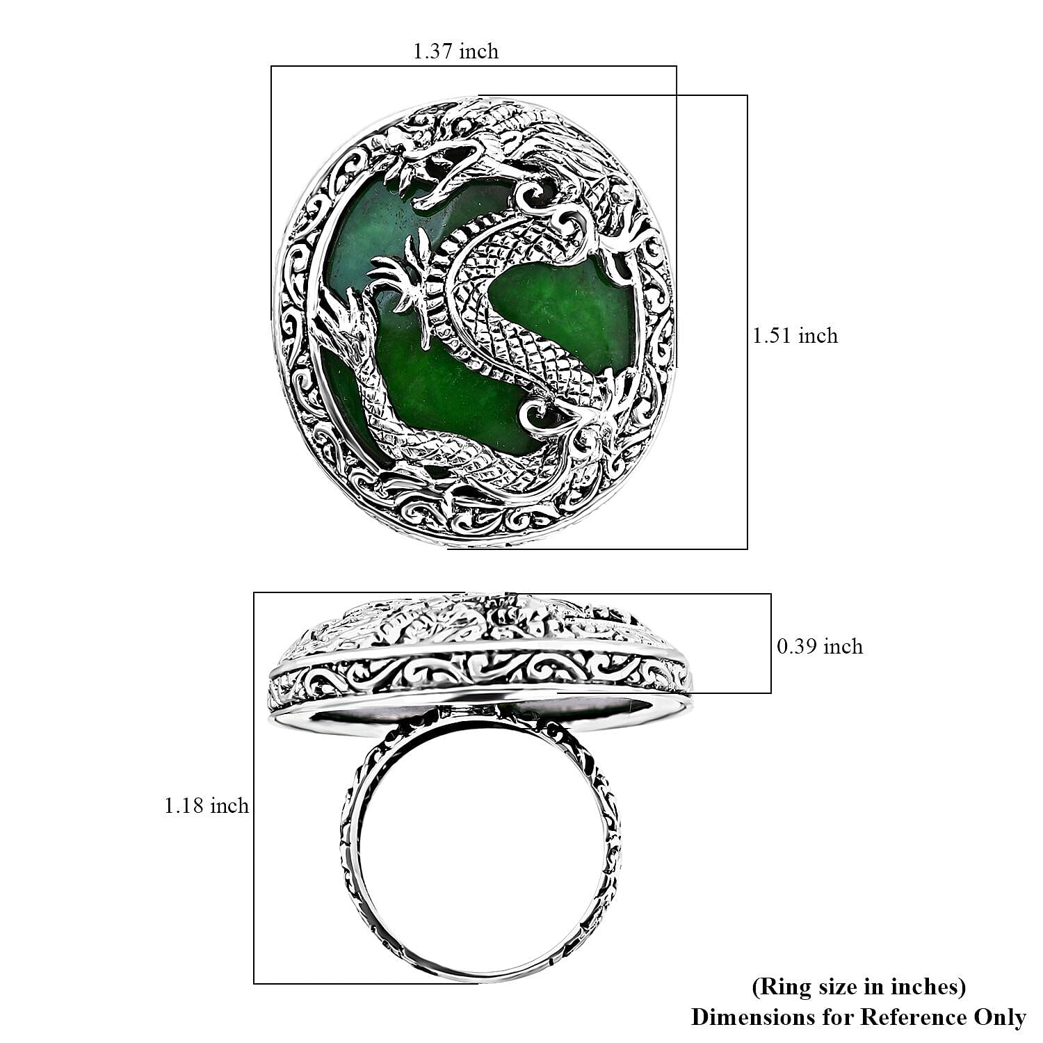 Bali Legacy Green Jade (D) Dragon Ring in Sterling Silver (Size 10.0) 53.35 ctw