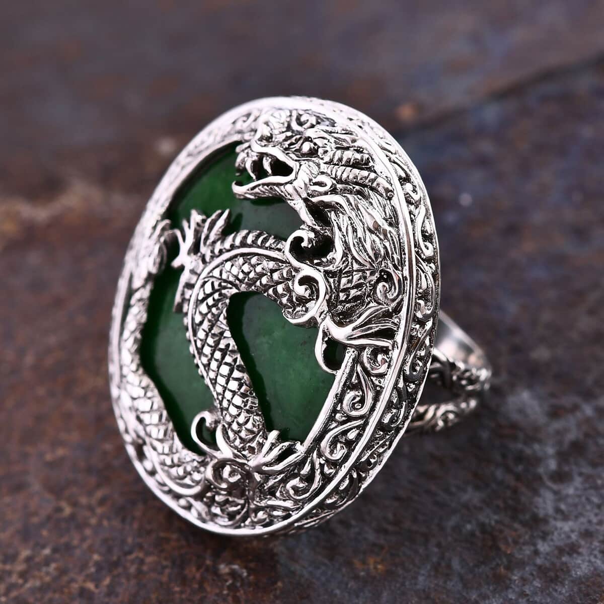 One Time Only Bali Legacy Green Jade Dragon Ring in Sterling Silver (Size 8.0) 55.00 ctw image number 1