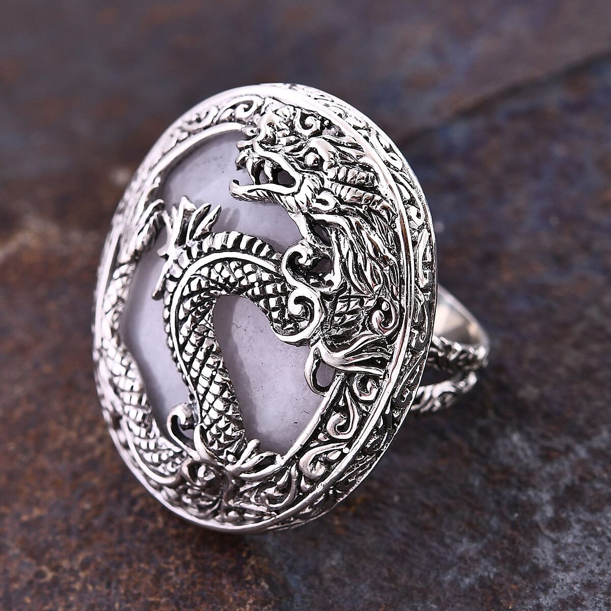 Bali Legacy Natural Jade Dragon Ring in Sterling Silver (Size 9.0) 54.40 ctw image number 1