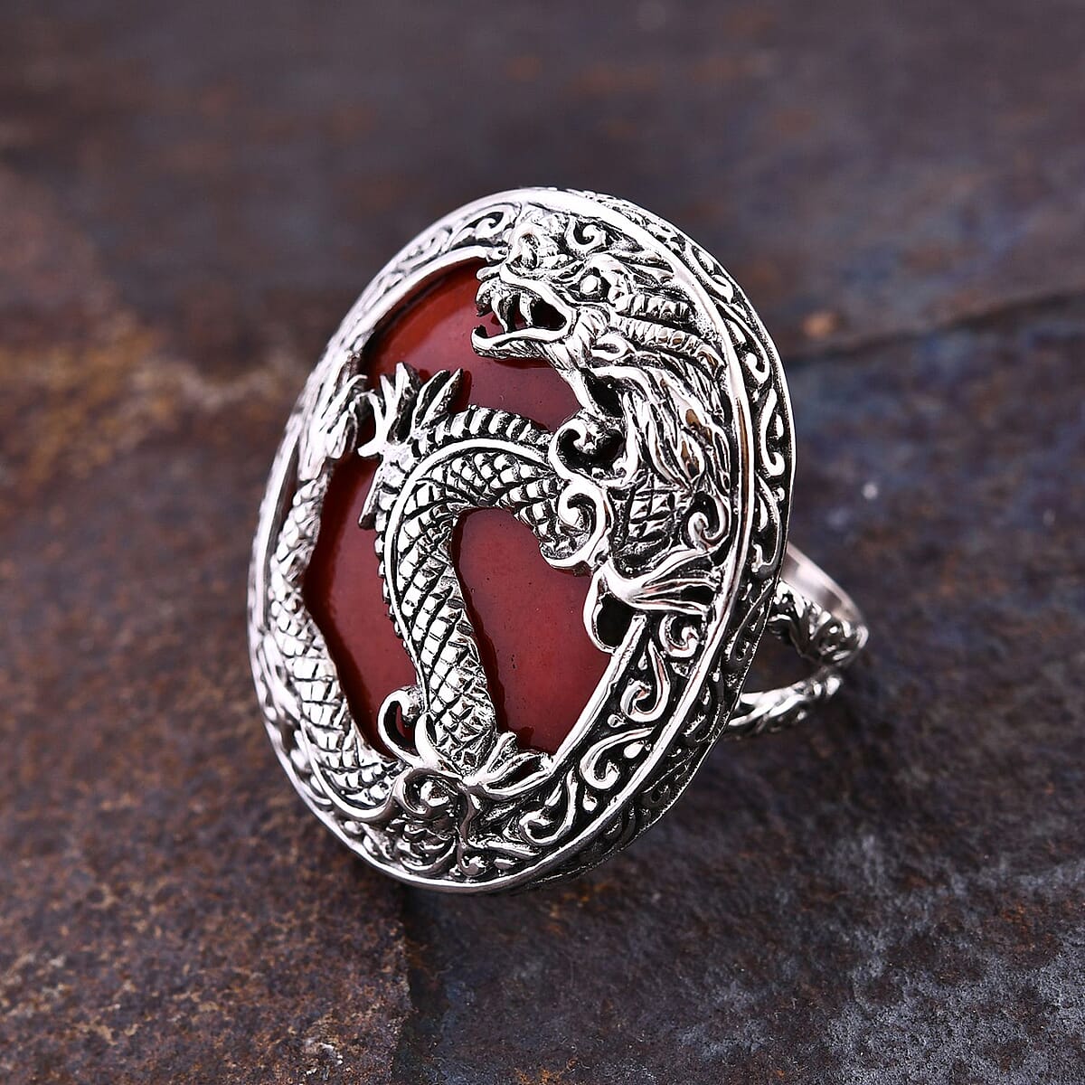 Bali Legacy Red Jade (D) Dragon Ring in Sterling Silver (Size 7.0) 53.10 ctw image number 1