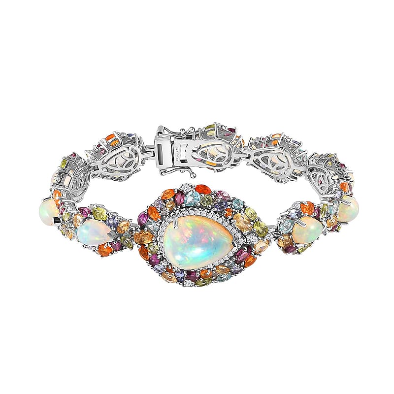 D'Joy Ethiopian Welo Opal and Multi Gemstone 30.00 ctw Plum Blossom Bracelet in Platinum Over Sterling Silver (7.25 In)