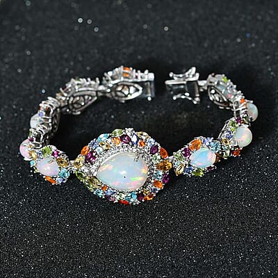 D'Joy Ethiopian Welo Opal and Multi Gemstone 30.00 ctw Plum Blossom Bracelet in Platinum Over Sterling Silver (7.25 In)