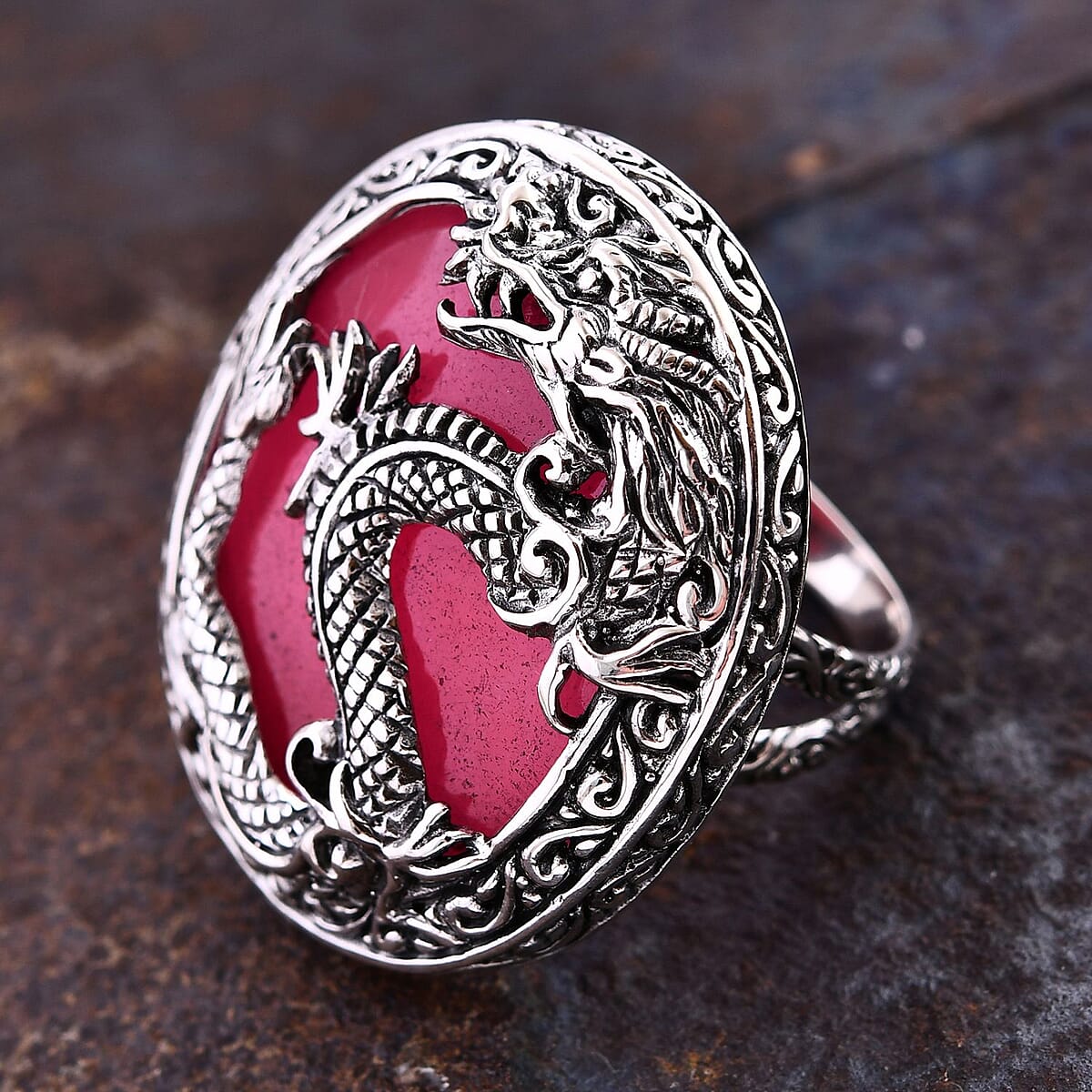 Bali Legacy Pink Jade (D) Dragon Ring in Sterling Silver (Size 8.0) 52.60 ctw image number 1