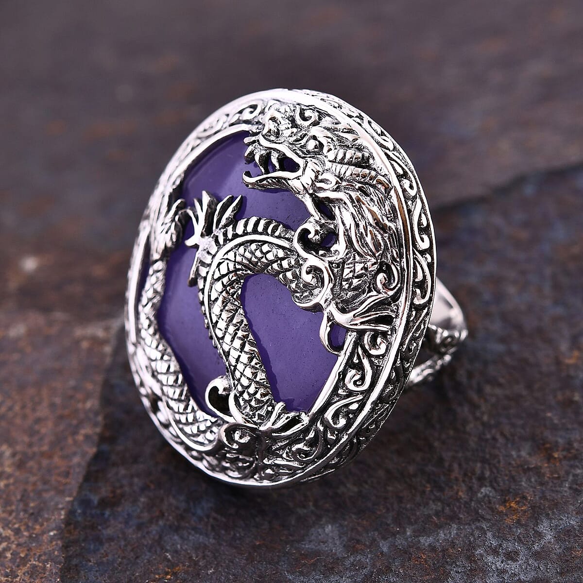 Bali Legacy Purple Jade (D) Dragon Ring in Sterling Silver (Size 8.0) 52.20 ctw image number 1
