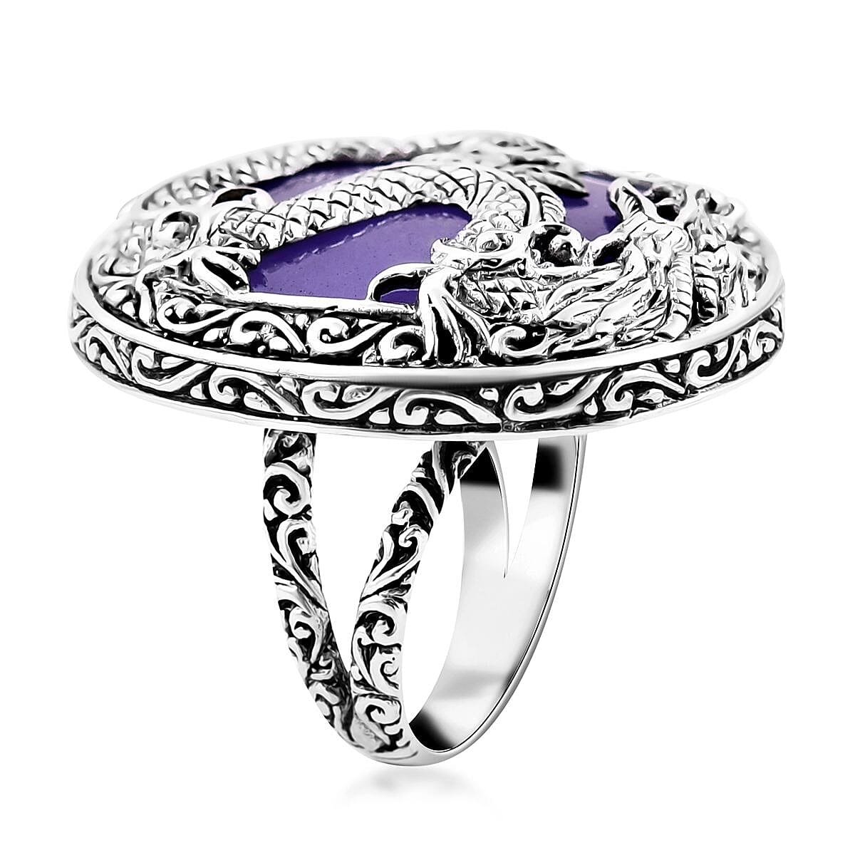 Bali Legacy Purple Jade (D) Dragon Ring in Sterling Silver (Size 8.0) 52.20 ctw image number 3