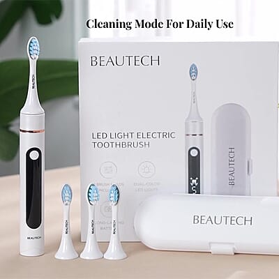 Beautech LED 5 Mode Toothbrush with 4 Replacement Brush Heads and Dual Charging Options- White
