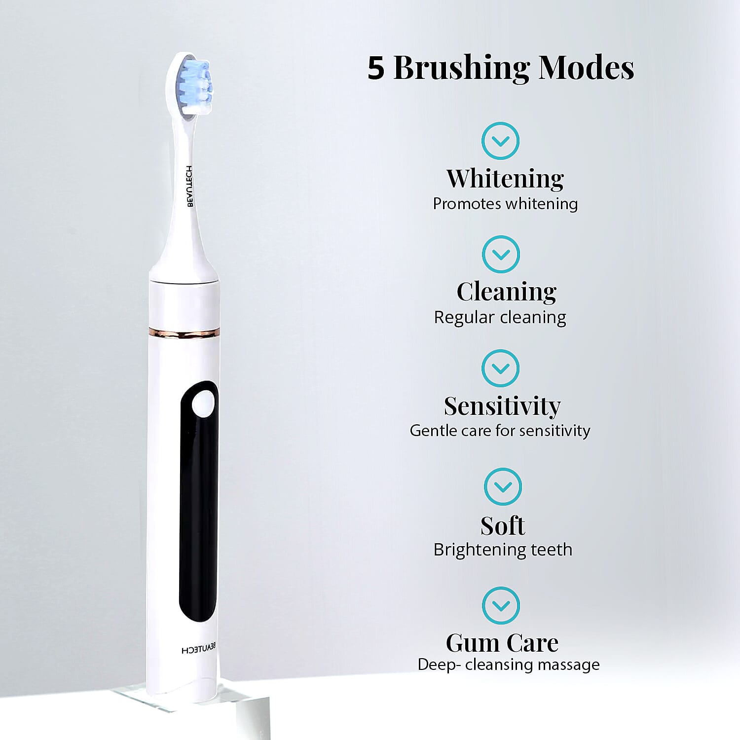 Beautech LED 5 Mode Toothbrush with 4 Replacement Brush Heads and Dual Charging Options- White